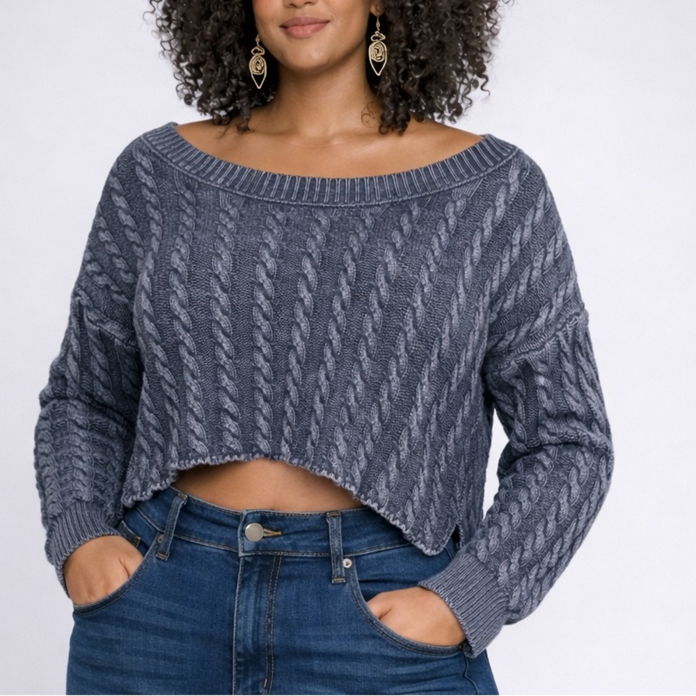 LUCKY BRAND navy blue cable knit asymmetrical hem cropped wide neck sweater